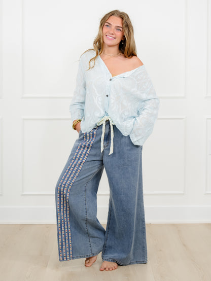 POL Embroidered Long Sleeve Button Up Top