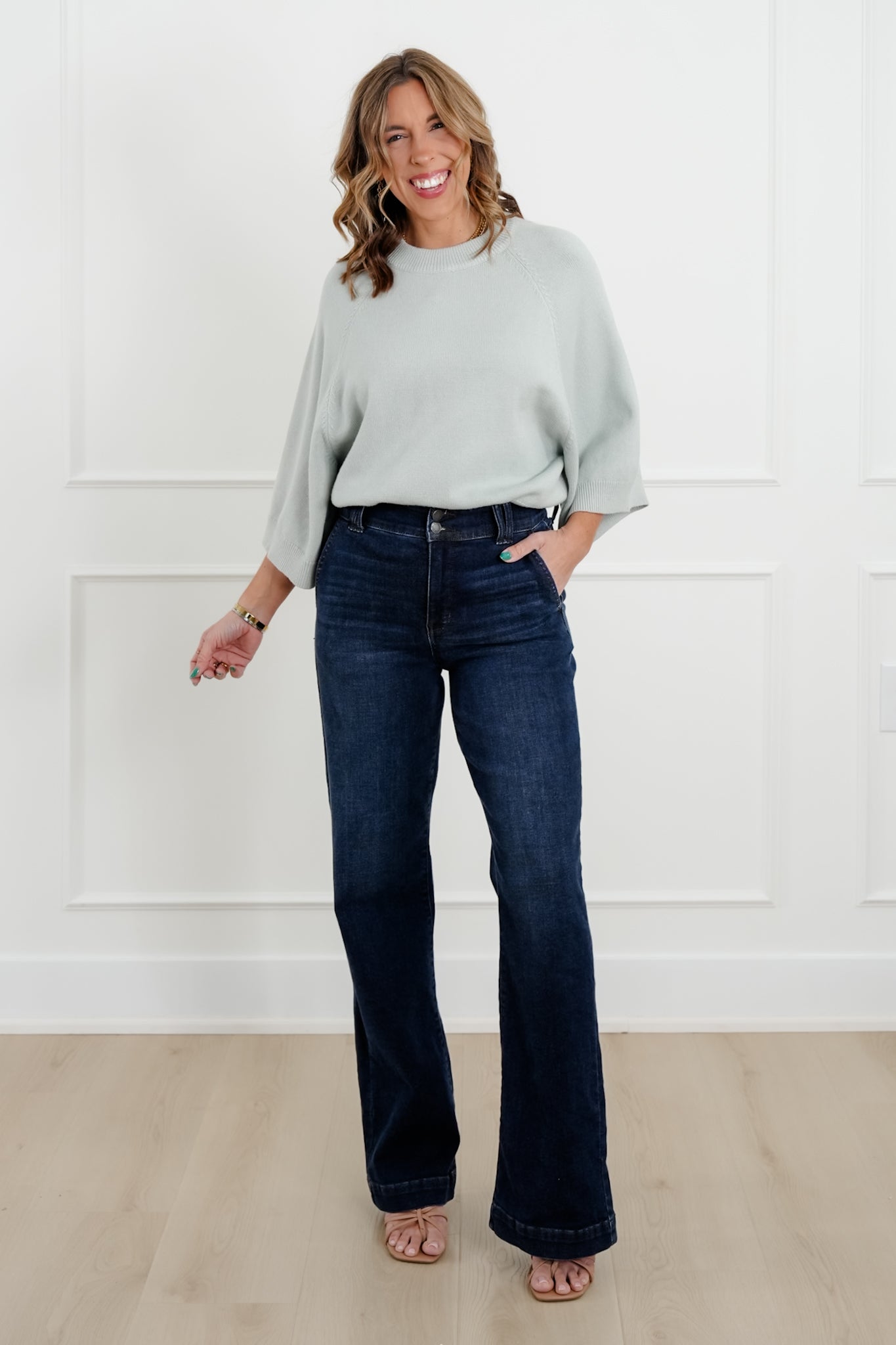 Wide 3/4 Dolman Sleeve Crew Neck Sweater