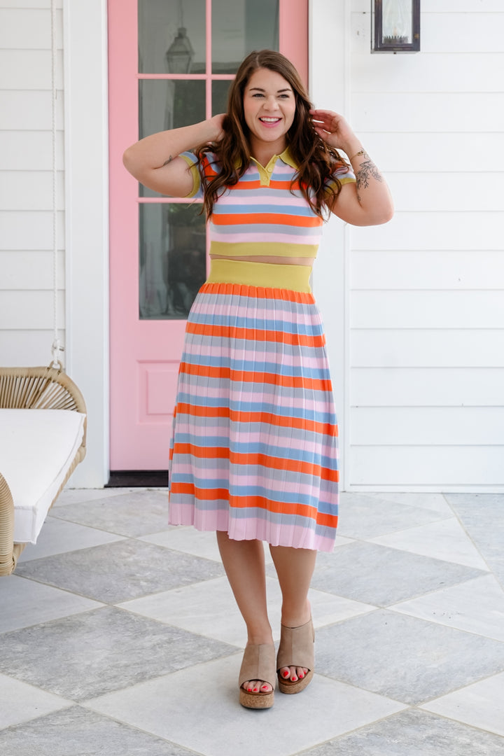Stripe Short Sleeve Knit Top and Pleated Skirt Set