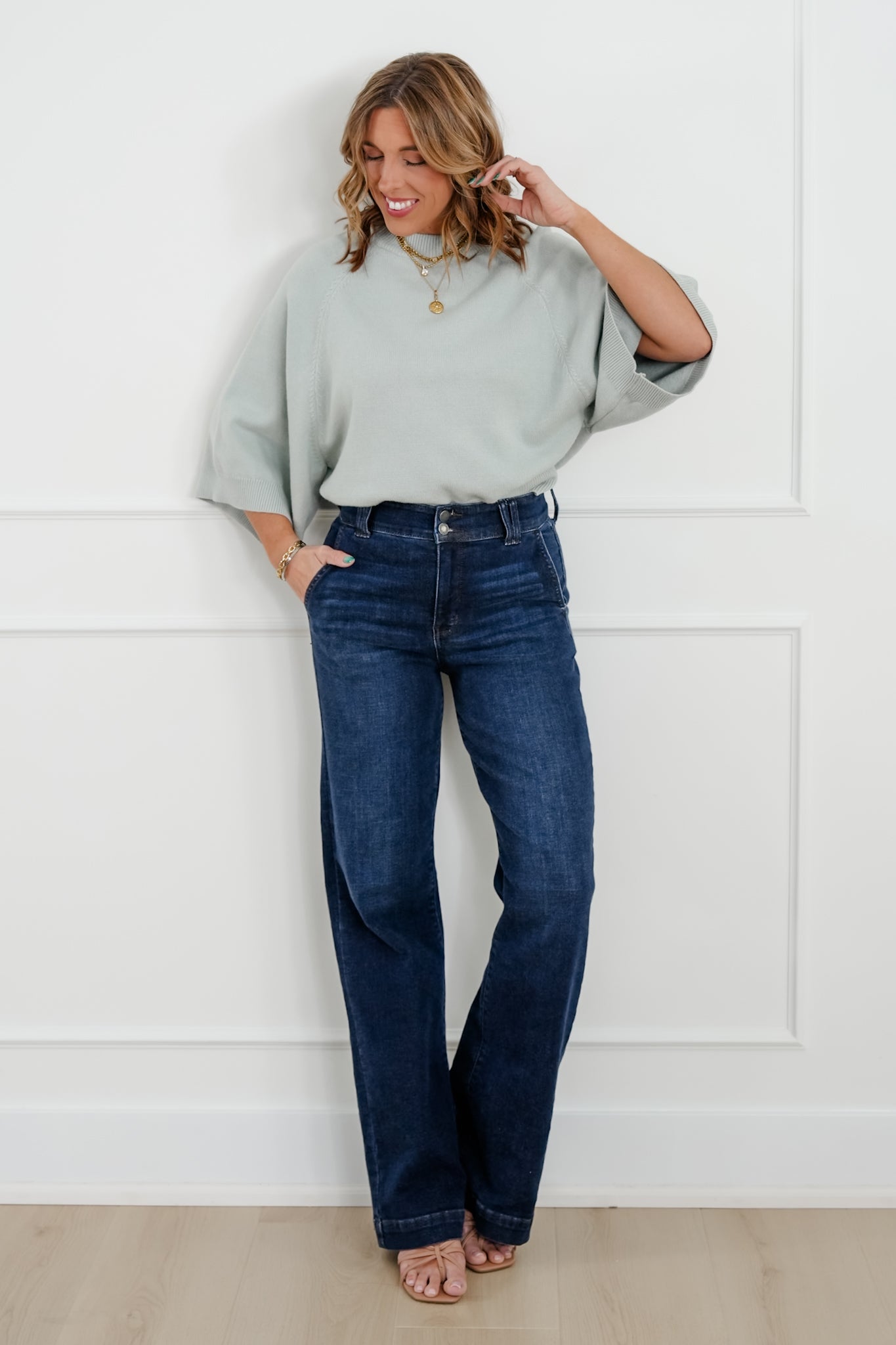 Wide 3/4 Dolman Sleeve Crew Neck Sweater