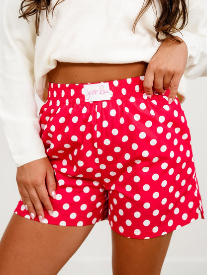 Plus/Reg Red Polka Dot Elastic Waist Boxer Shorts - Freckled Poppy