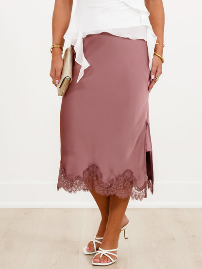 Satin Elastic Waist Midi Skirt with Lace Trim
