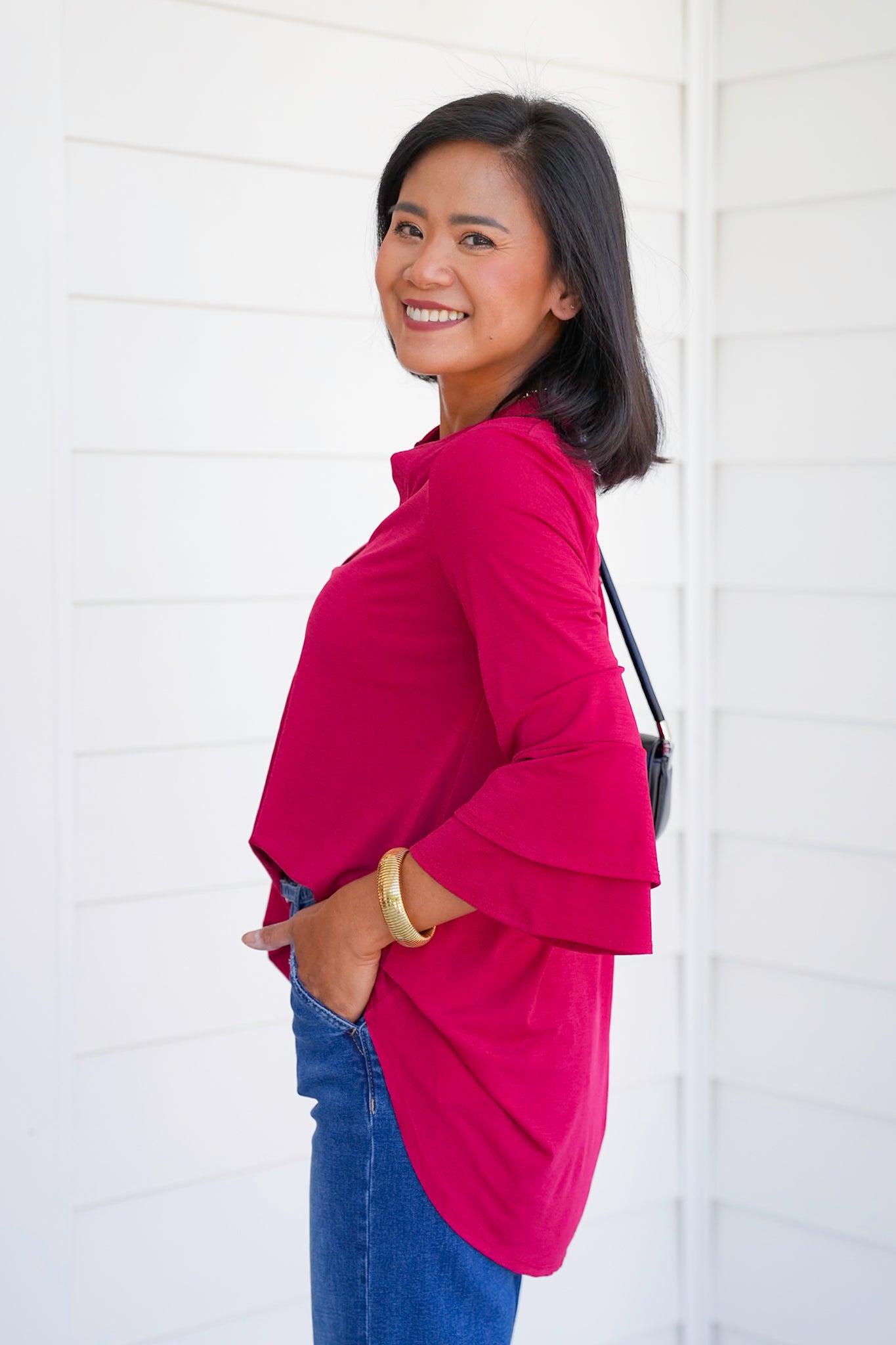 Door Buster! Plus/Reg Solid 3/4 Bell Sleeve Tunic Top