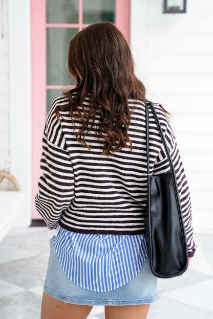 Stripe Long Sleeve Button Up Pullover Sweater