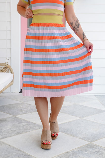 Stripe Short Sleeve Knit Top and Pleated Skirt Set