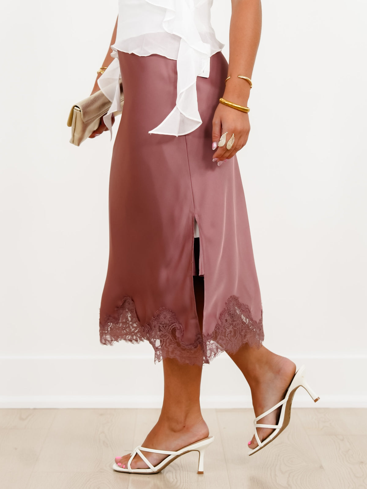 Satin Elastic Waist Midi Skirt with Lace Trim