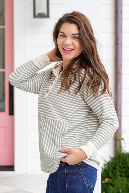 Stripe Long Sleeve Button Up Hooded Top