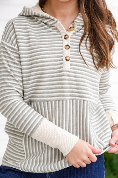 Stripe Long Sleeve Button Up Hooded Top