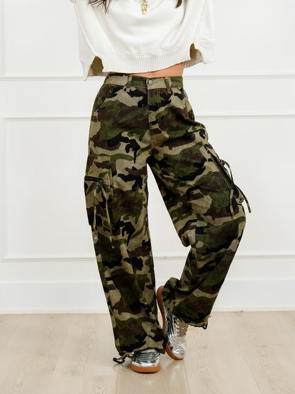 Camo Print High Waist Wide Leg Cargo Pants with Drawstring Hem