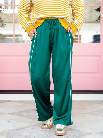 Contrast Piping Stripe Elastic Waist Satin Pants With Drawstring