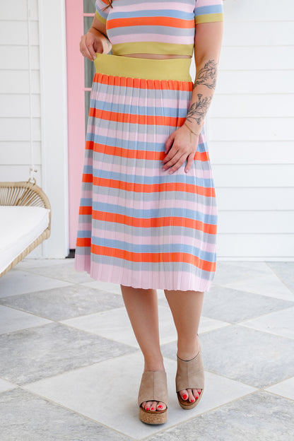 Stripe Short Sleeve Knit Top and Pleated Skirt Set