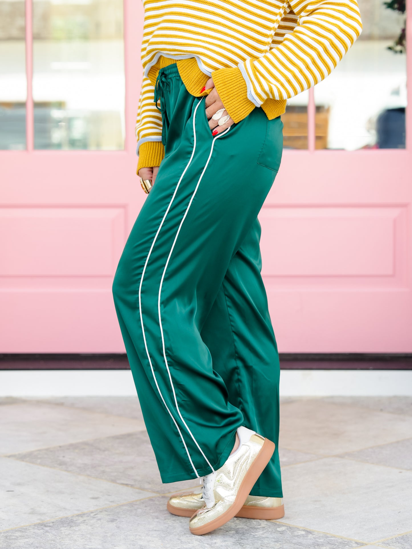 Contrast Piping Stripe Elastic Waist Satin Pants With Drawstring
