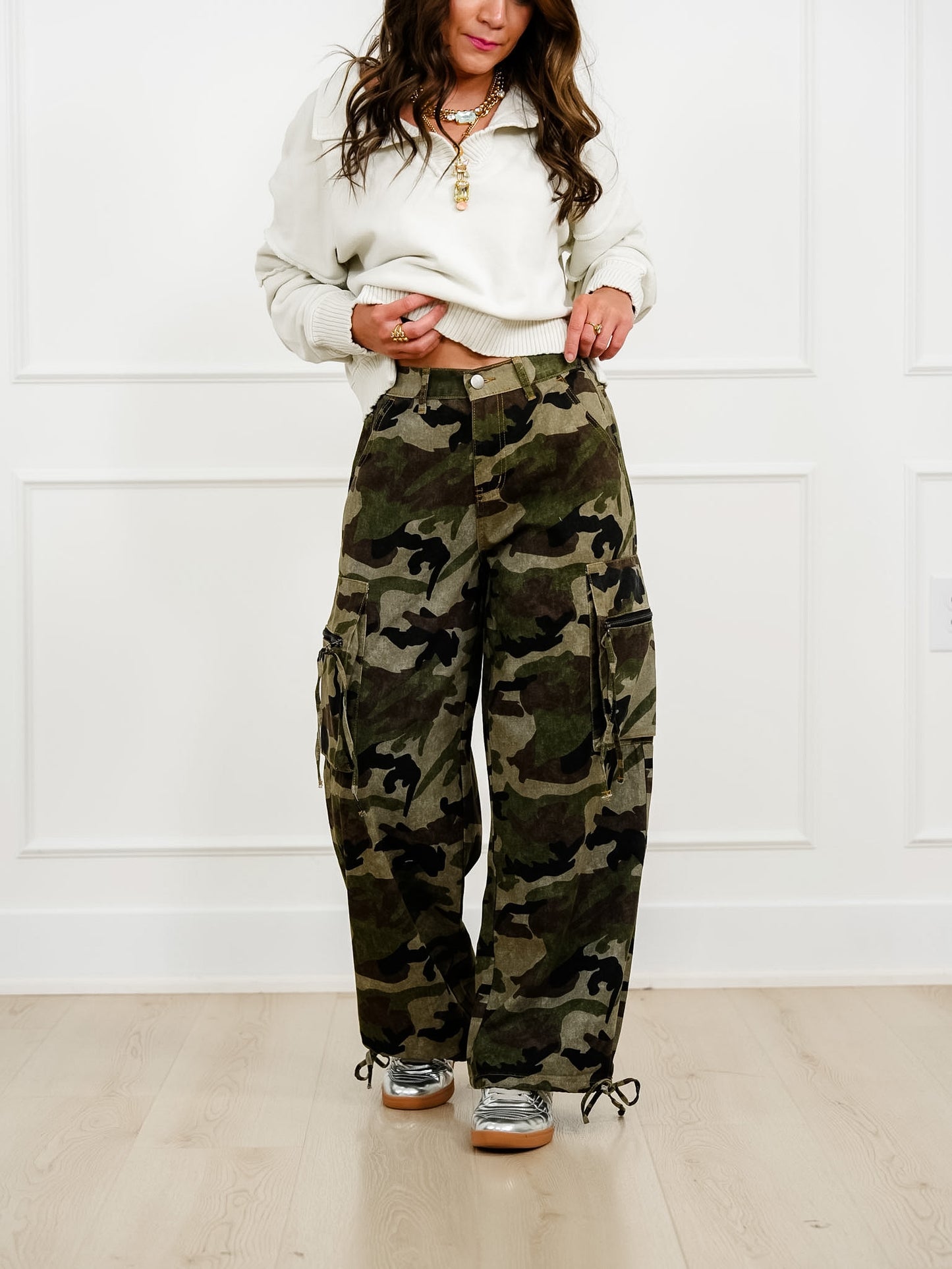 Camo Print High Waist Wide Leg Cargo Pants with Drawstring Hem