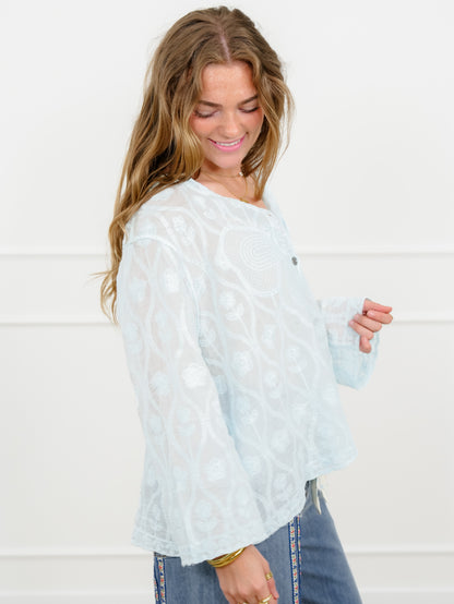 POL Embroidered Long Sleeve Button Up Top