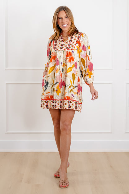 Flower Pattern 3/4 Sleeve Midi Dress With Side Pockets