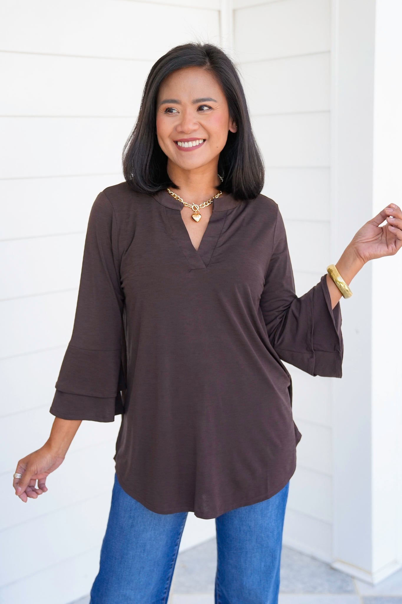 Door Buster! Plus/Reg Solid 3/4 Bell Sleeve Tunic Top