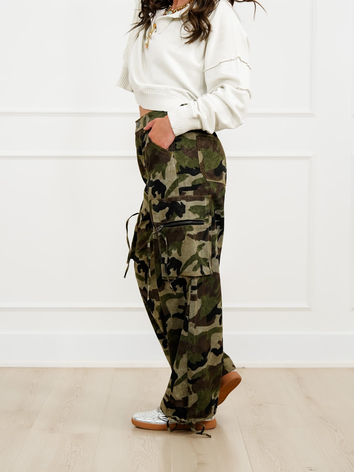 Camo Print High Waist Wide Leg Cargo Pants with Drawstring Hem