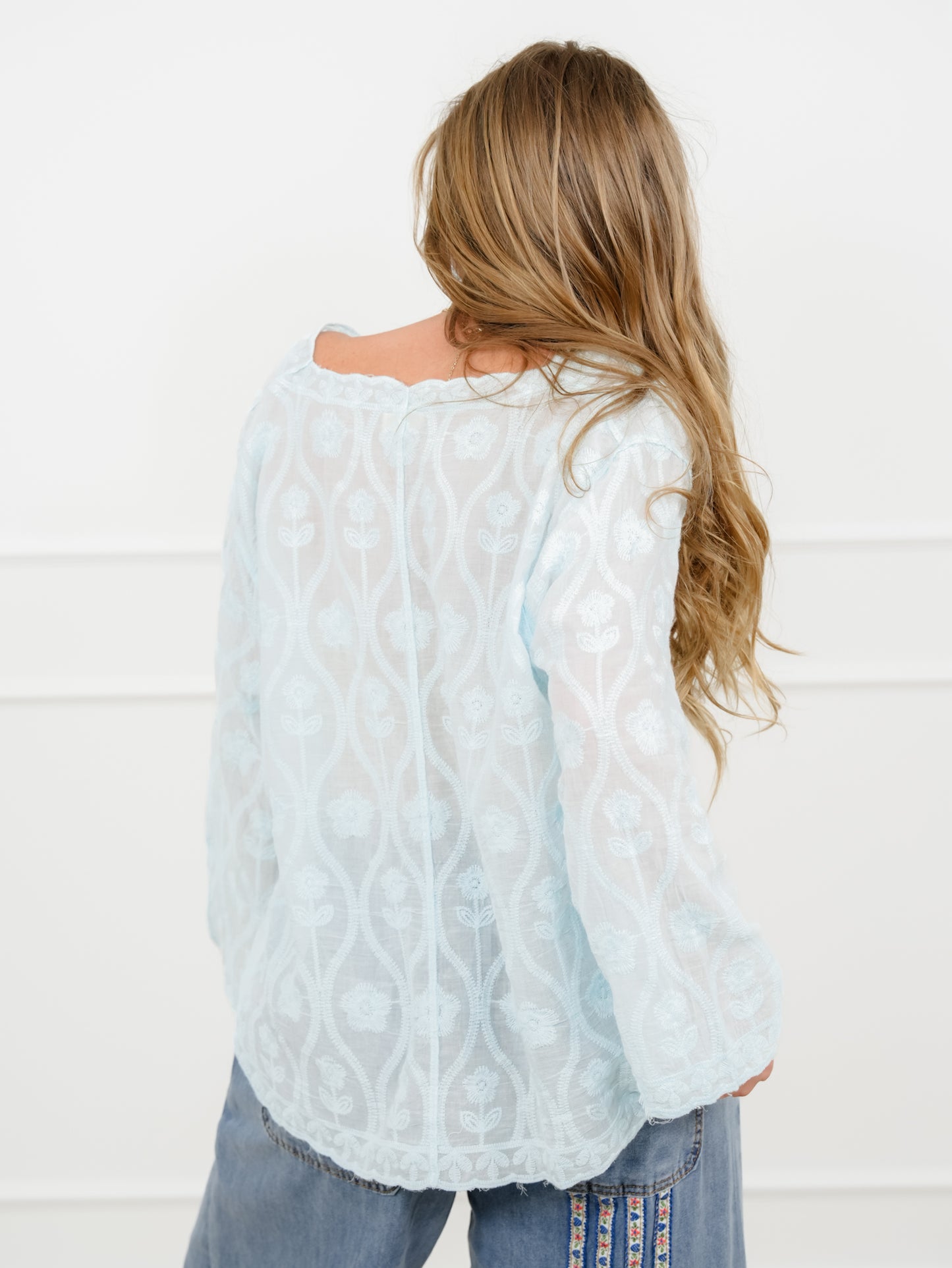 POL Embroidered Long Sleeve Button Up Top