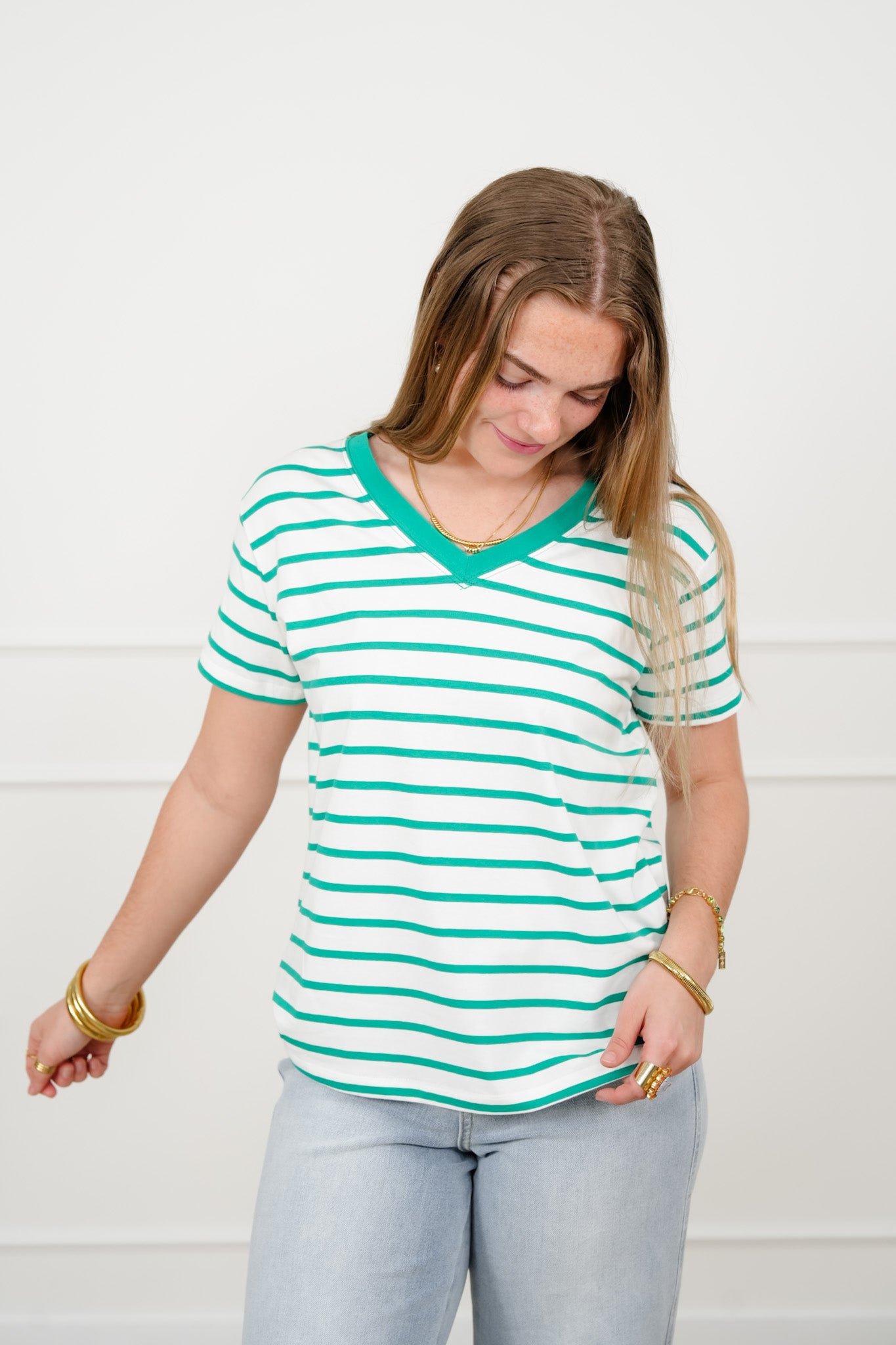 Door Buster! Plus/Reg Zenana Striped V Neck Tee Shirts