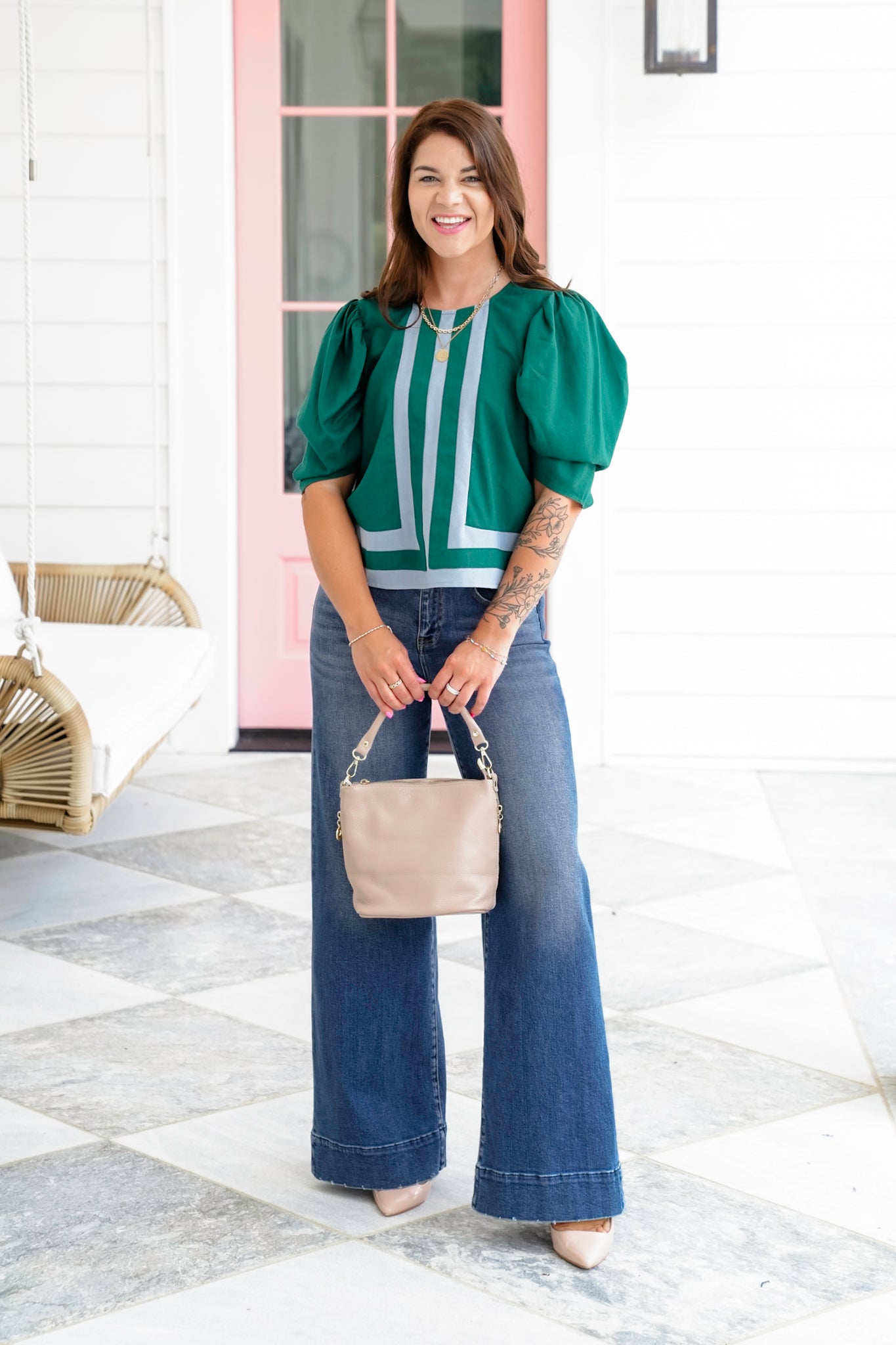 Solid Elbow Length Top With Stripe Detail