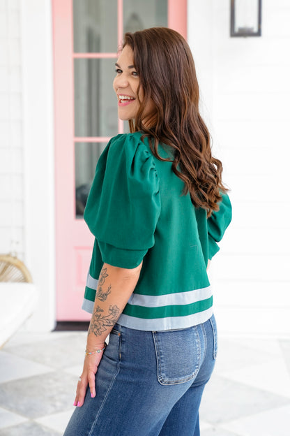Solid Elbow Length Top With Stripe Detail