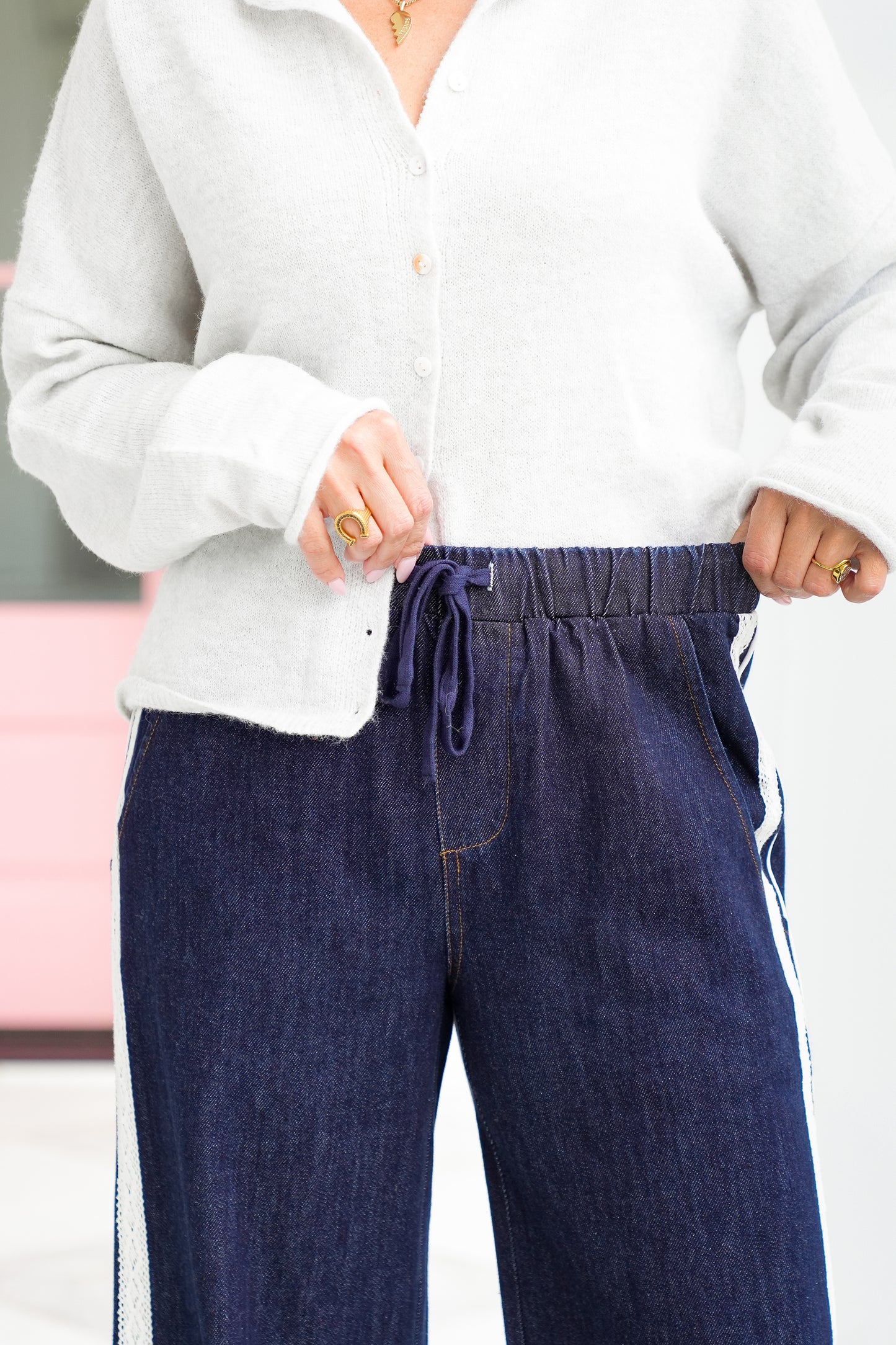 Elastic Waist Wide Leg Pants with Lace Trim