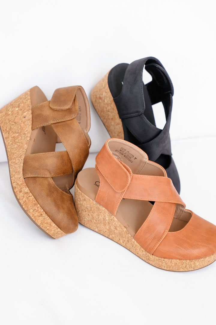 Corky's "Case Closed" Vegan Crisscross Wedge Sandal with Cork Platform and Adjustable Strap