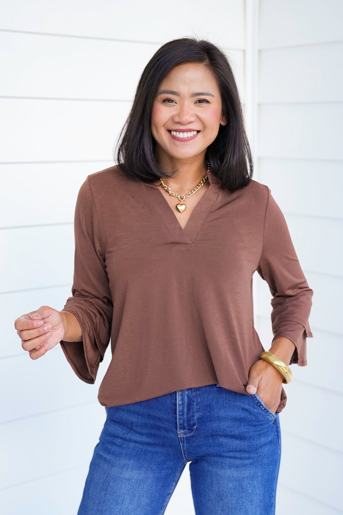 Door Buster! Plus/Reg Solid 3/4 Bell Sleeve Tunic Top