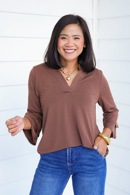 Door Buster! Plus/Reg Solid 3/4 Bell Sleeve Tunic Top