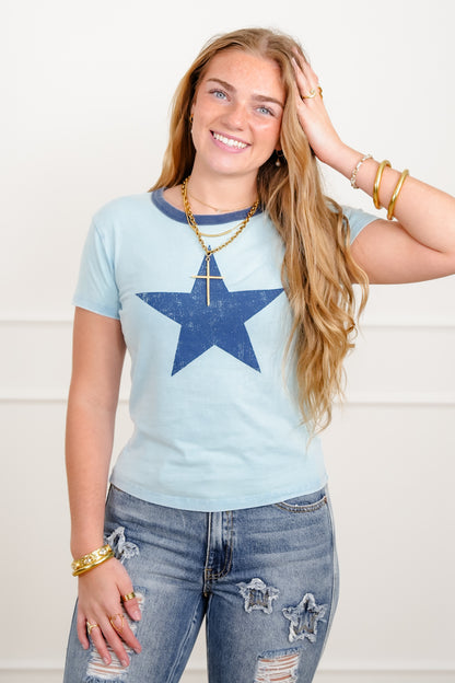 Blue Short Sleeve Star Print Top