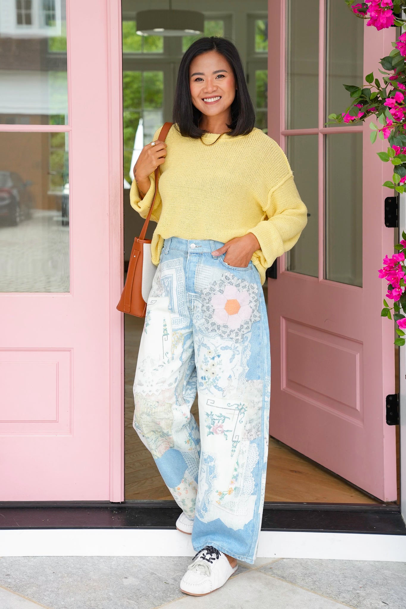 Patchwork Print Barrel Jeans