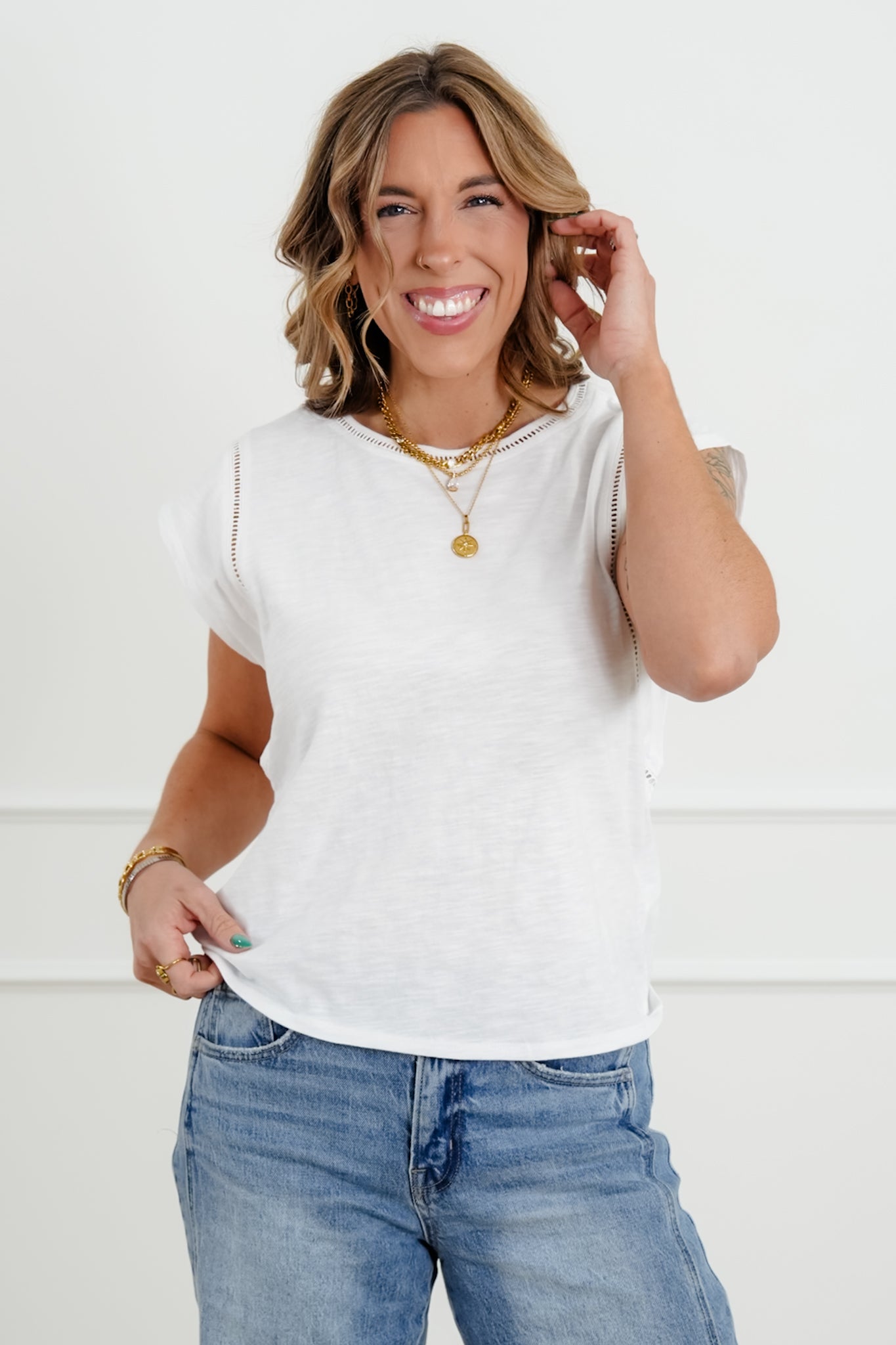 White Short Sleeve Top with Open Trim