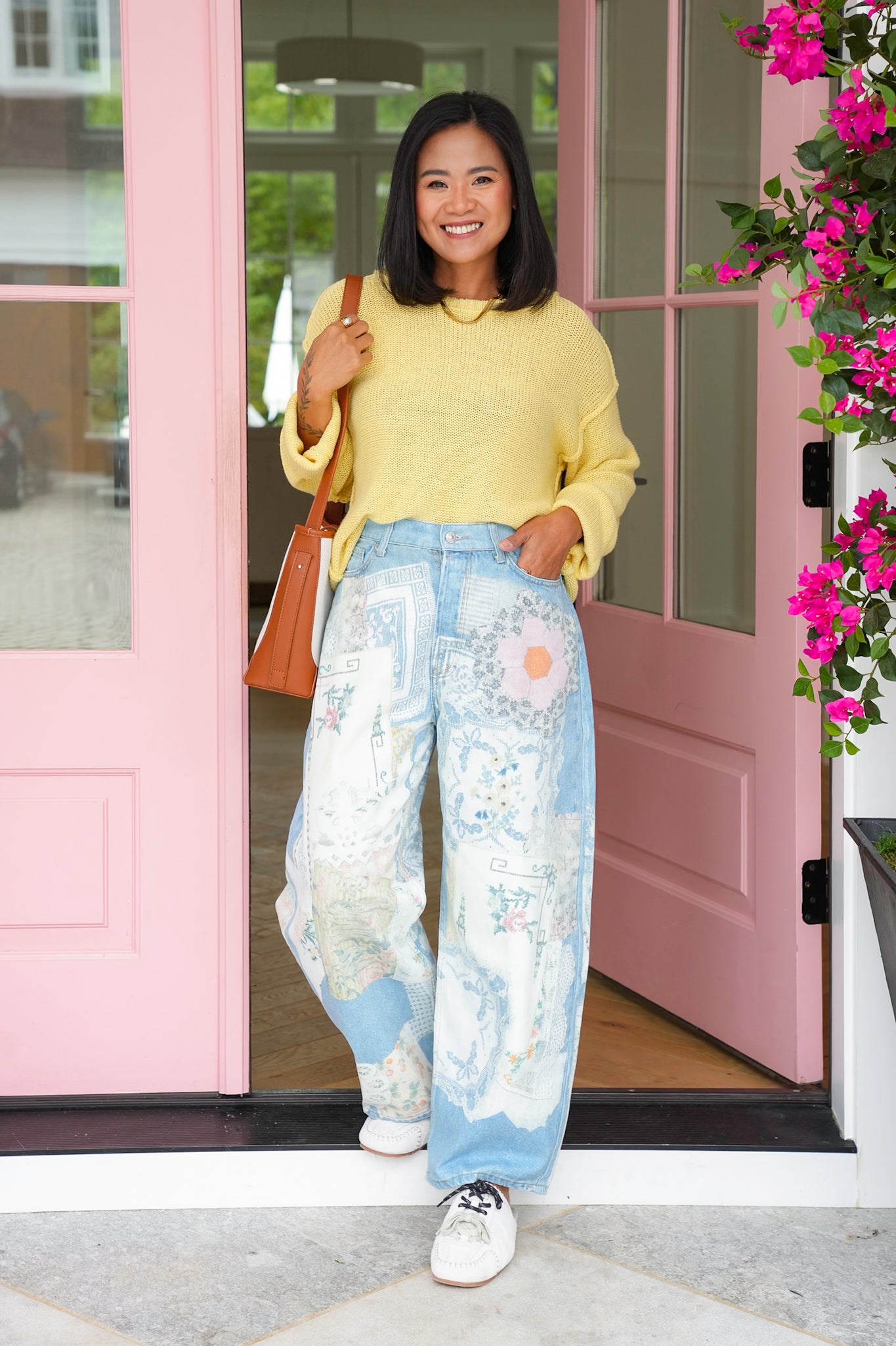 Patchwork Print Barrel Jeans