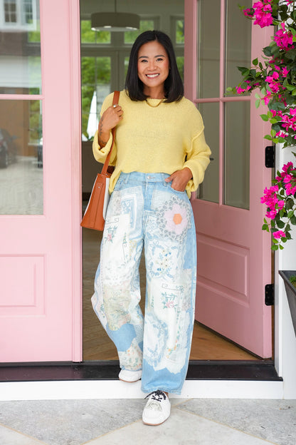 Patchwork Print Barrel Jeans