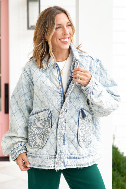 POL Light Wash Long Sleeve Zip Up Jacket