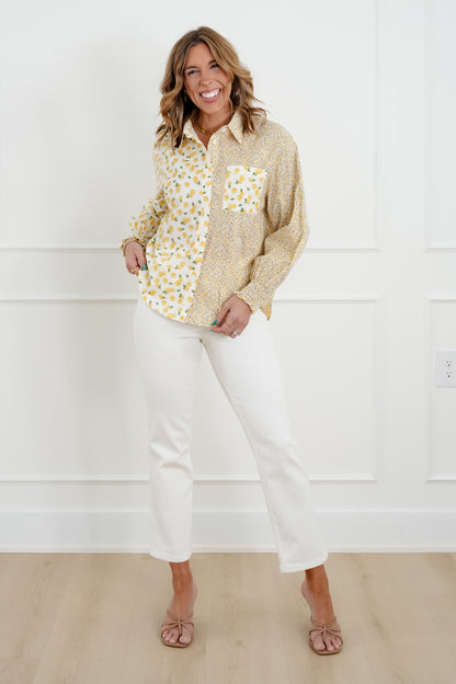 Lemon Print Long Sleeve Button Down Top