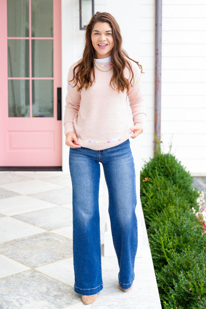 Long Sleeve Crew Neck Sweater with Multi Color Trim