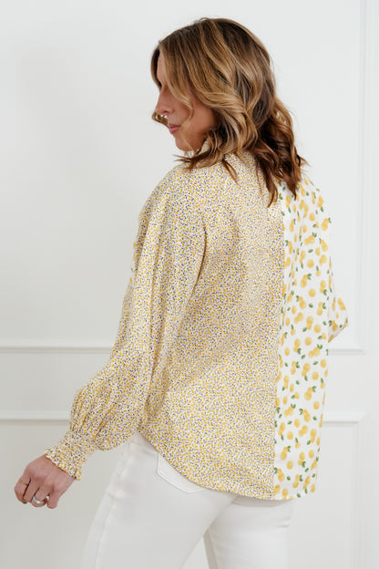 Lemon Print Long Sleeve Button Down Top