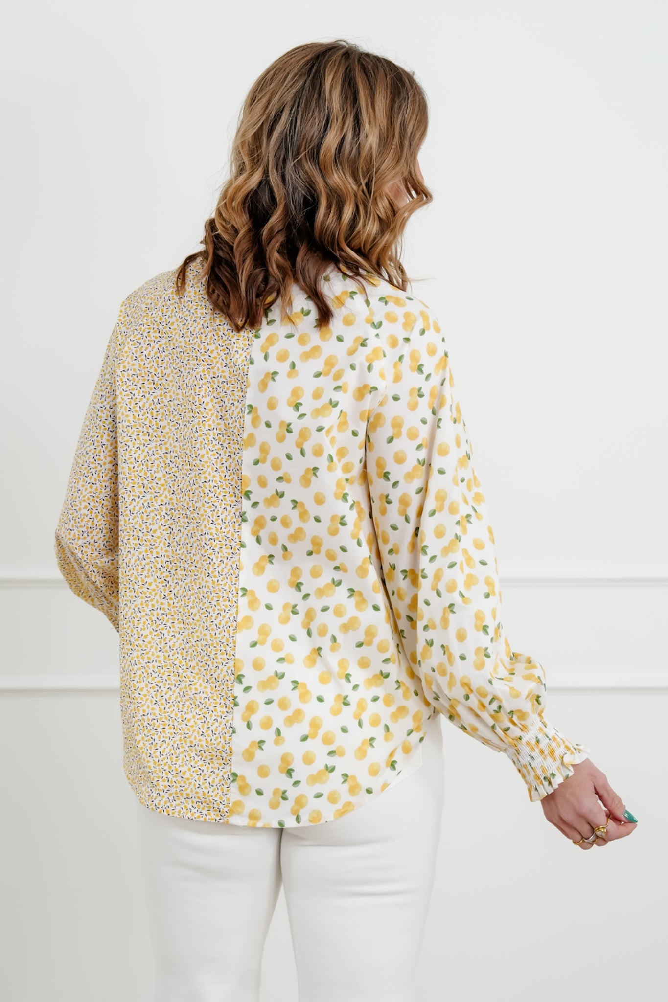 Lemon Print Long Sleeve Button Down Top