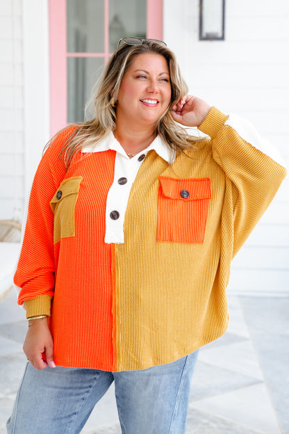 Urban Ribbed Color Block Long Sleeve Button Up Top