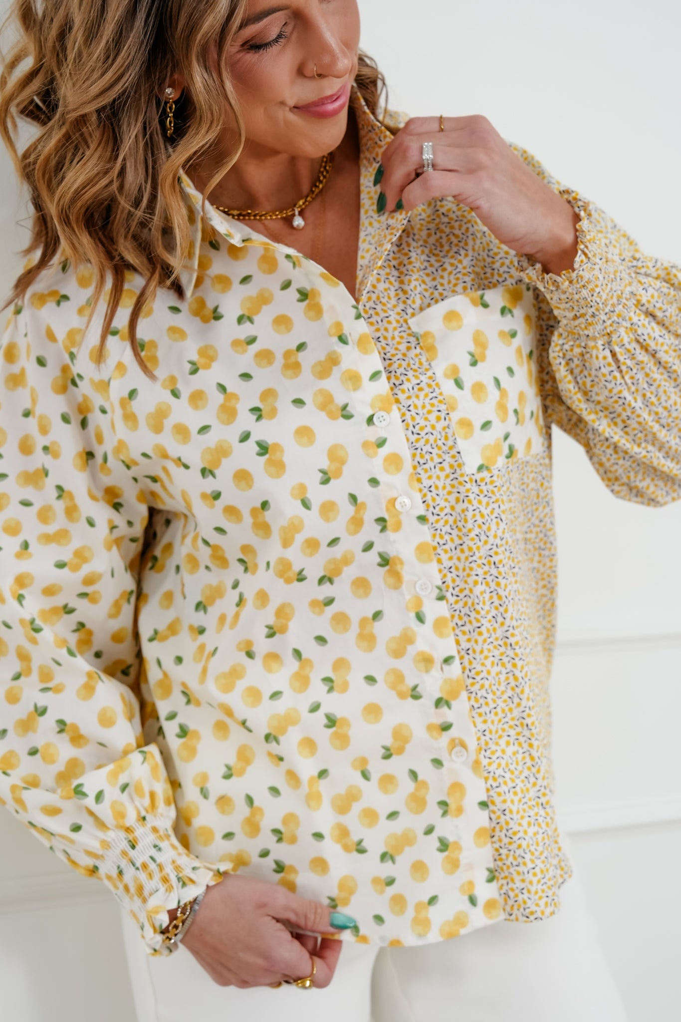 Lemon Print Long Sleeve Button Down Top