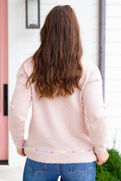 Long Sleeve Crew Neck Sweater with Multi Color Trim