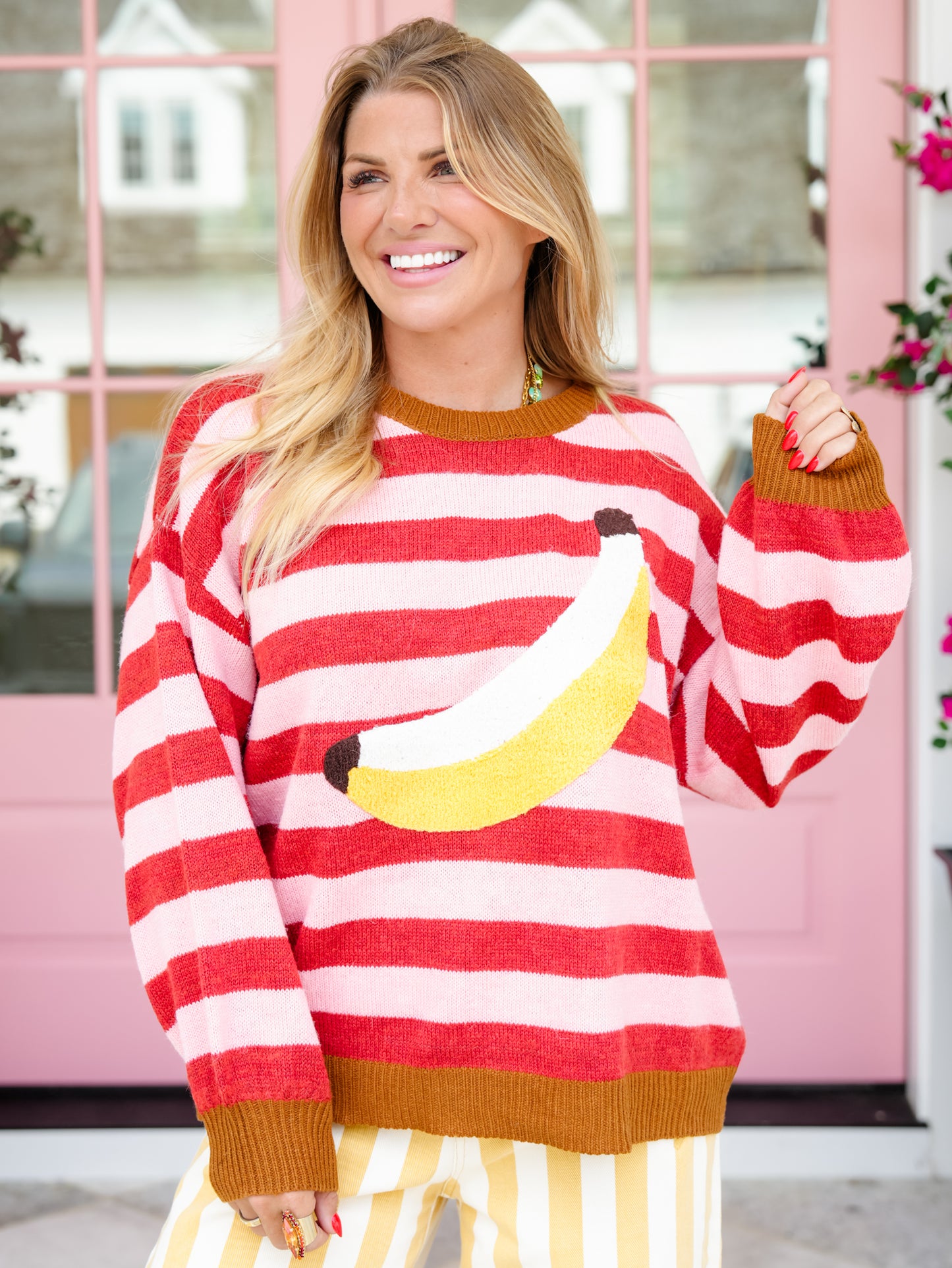 Stripe Long Sleeve Pullover Sweater with Banana Patch