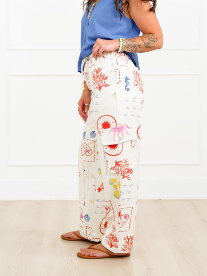 Plus/Reg Coastal Print Elastic Waist Pant with Cargo Pockets