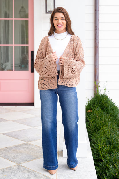 POL Crochet Long Sleeve Open Cardigan Sweater