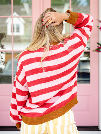 Stripe Long Sleeve Pullover Sweater with Banana Patch