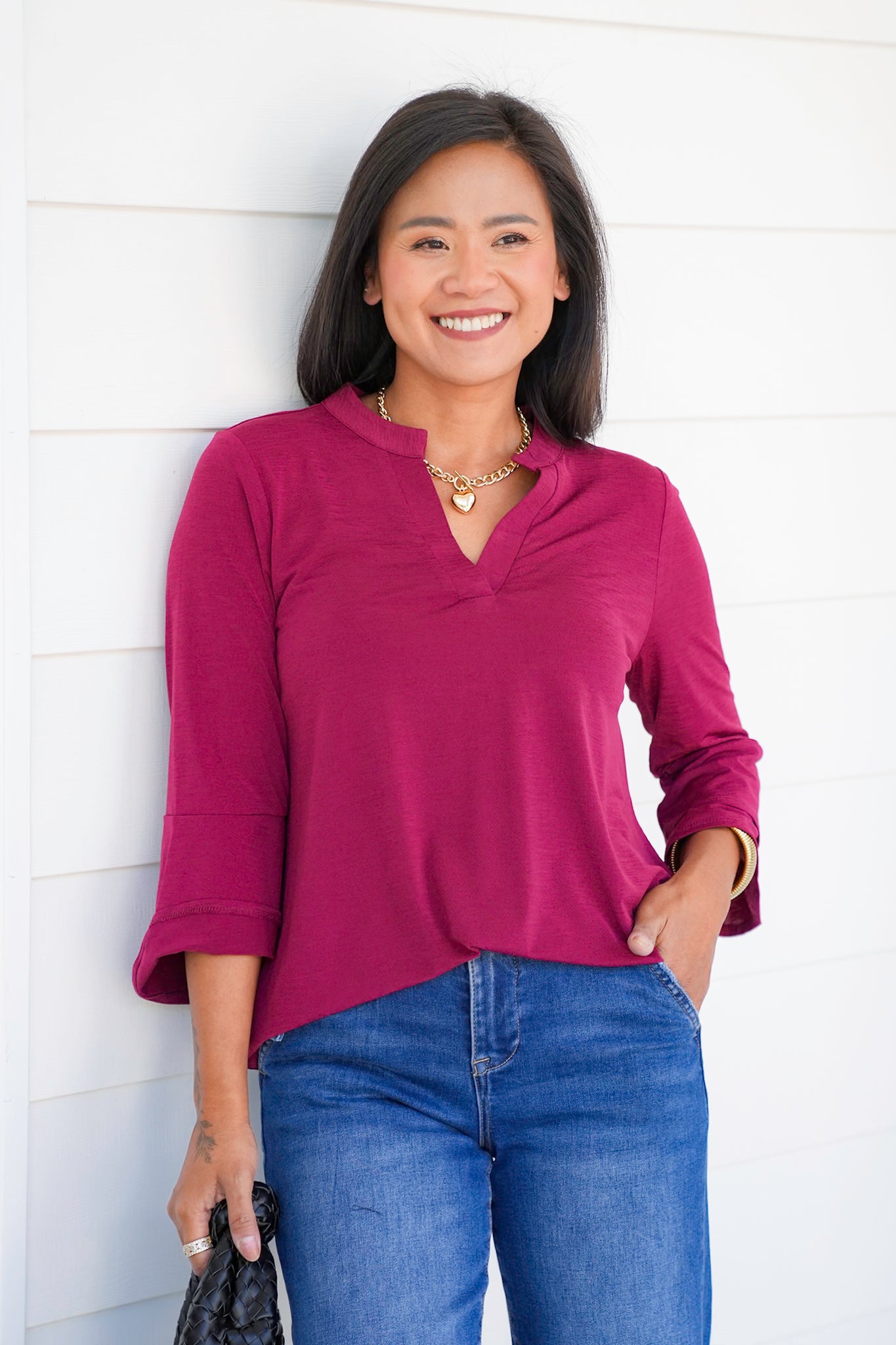 Door Buster! Plus/Reg Solid 3/4 Bell Sleeve Tunic Top