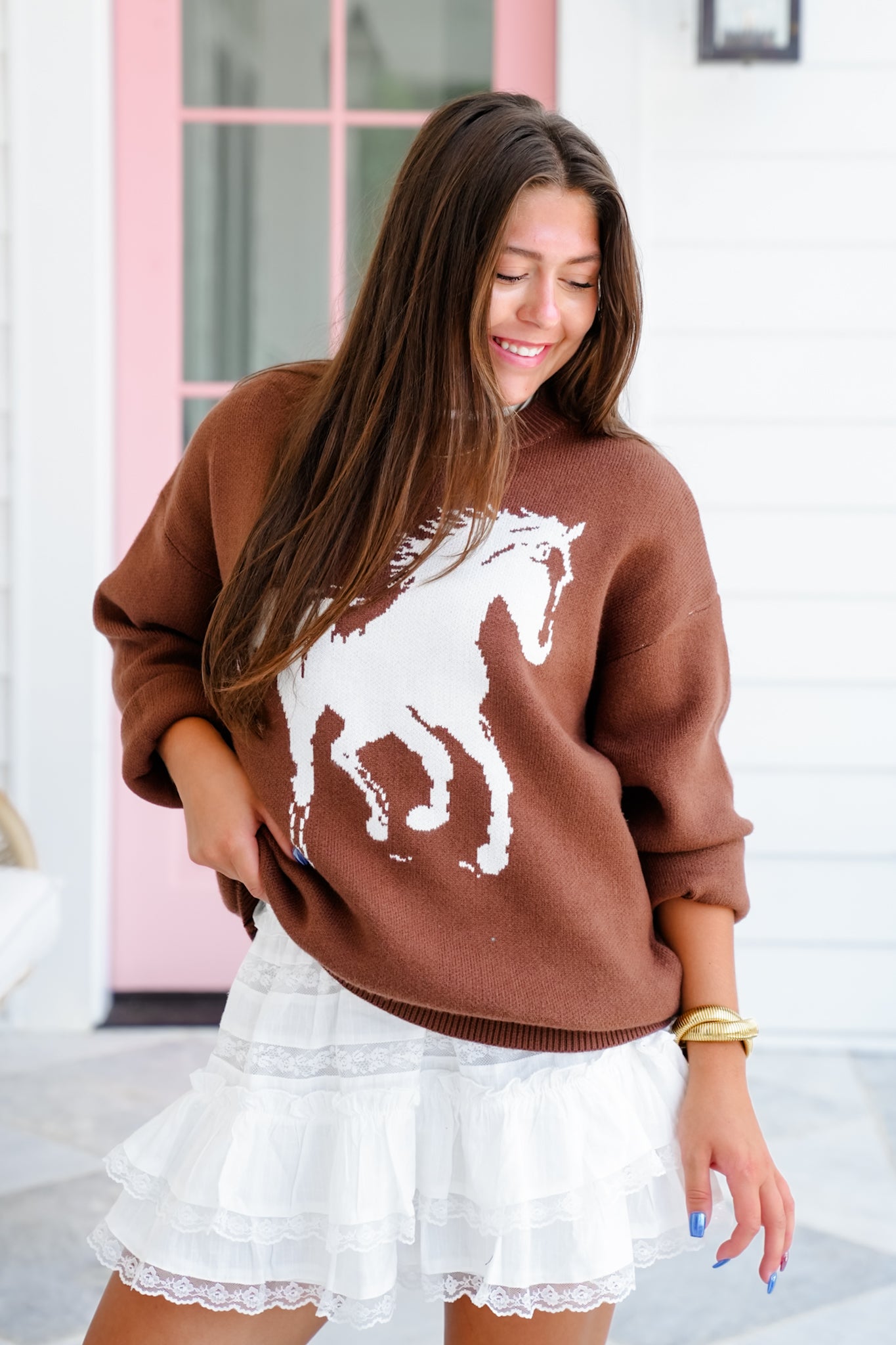 Horse Print Long Sleeve Sweater Top