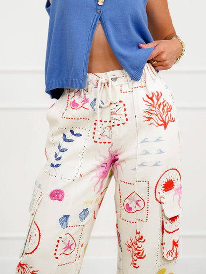 Plus/Reg Coastal Print Elastic Waist Pant with Cargo Pockets