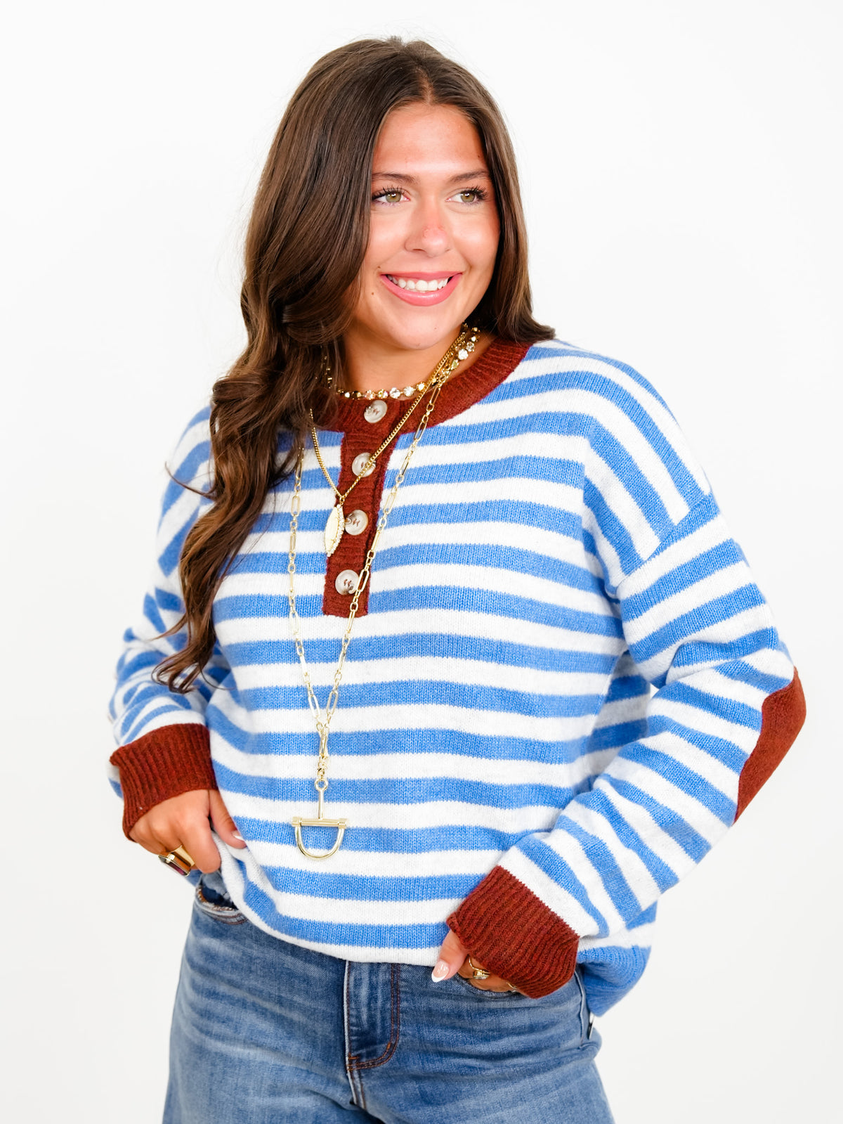Long Sleeve Striped Henley Sweater with Elbow Patch Detail